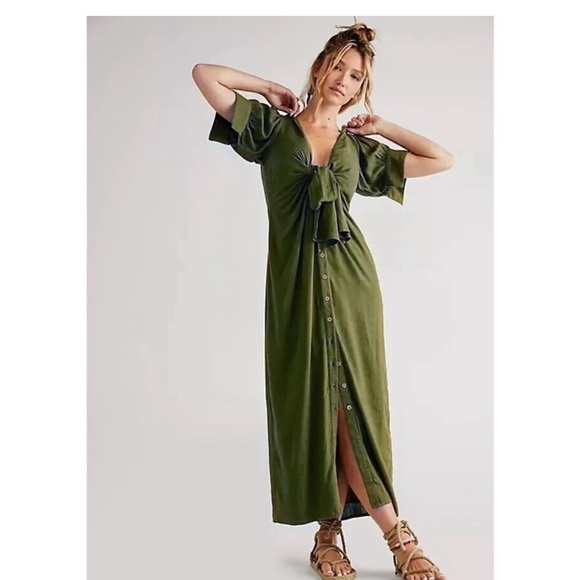 Free People Vintage Summer Midi Dress Dark Green - Picture 3 of 3